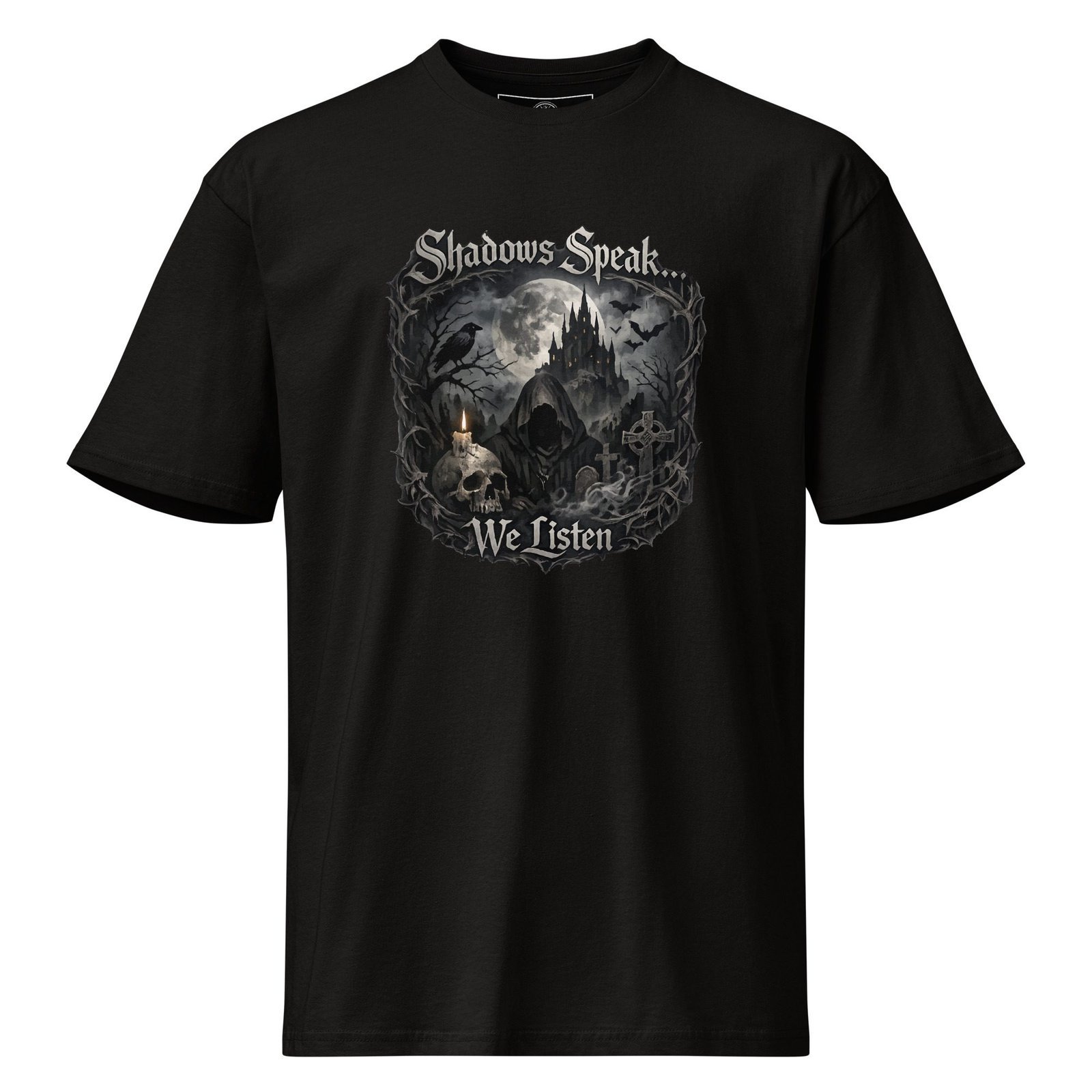 Dark Art Graphic Tee | Shadows Speak We Listen | Knotted Tree Studios