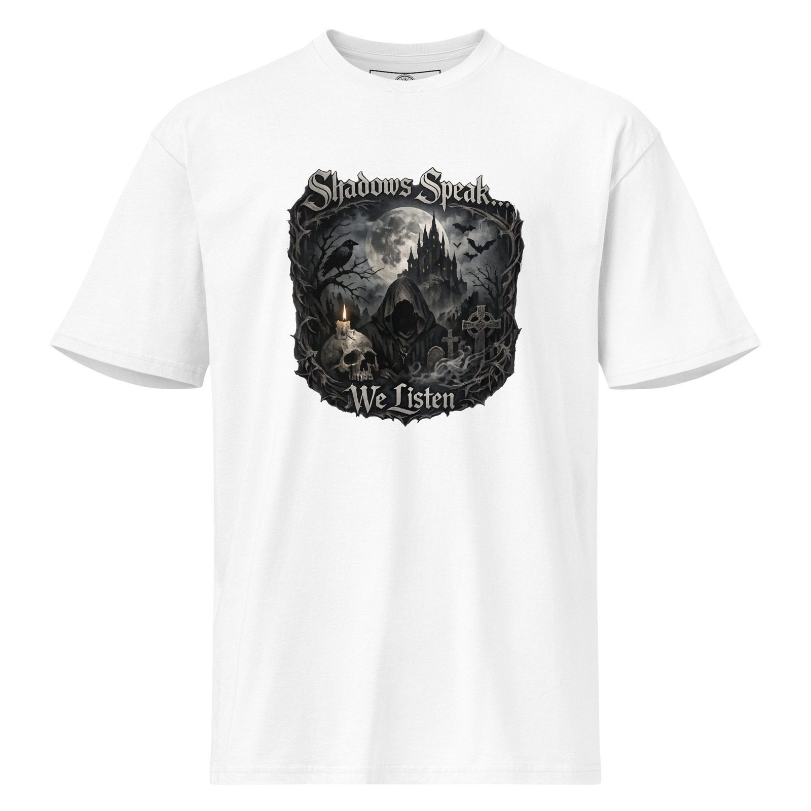 Dark Art Graphic Tee | Shadows Speak We Listen | Knotted Tree Studios - Image 2